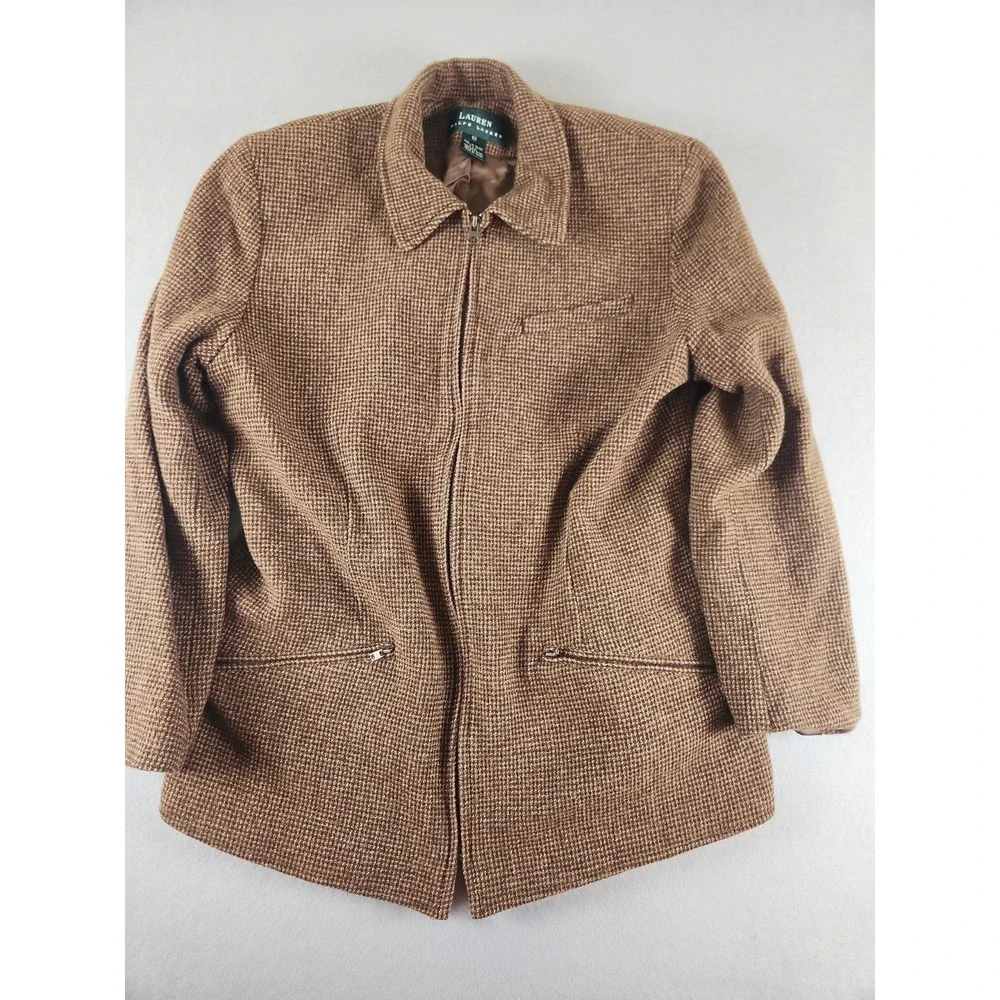 Lauren Ralph Lauren Size 12 Brown Lined Wool Full Zip Classic Jacket - Picture 1 of 7